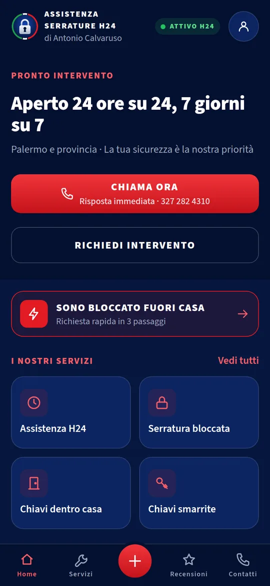 La schermata iniziale dell’app: pulsante Chiama ora, richiesta di intervento e servizi