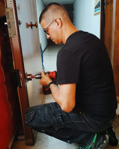 Antonio Calvaruso al lavoro sulla serratura di una porta d’ingresso