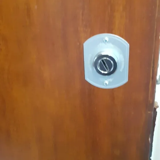 Serratura tonda con protezione su una porta in legno