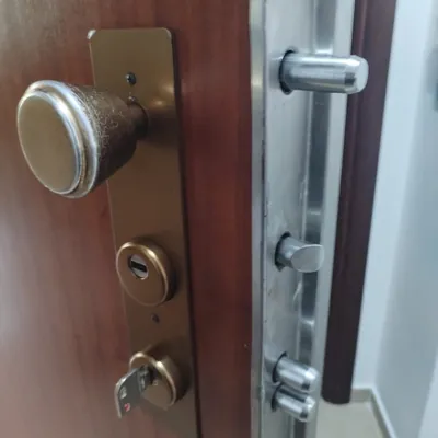 Cilindro, defender e maniglia su una porta blindata